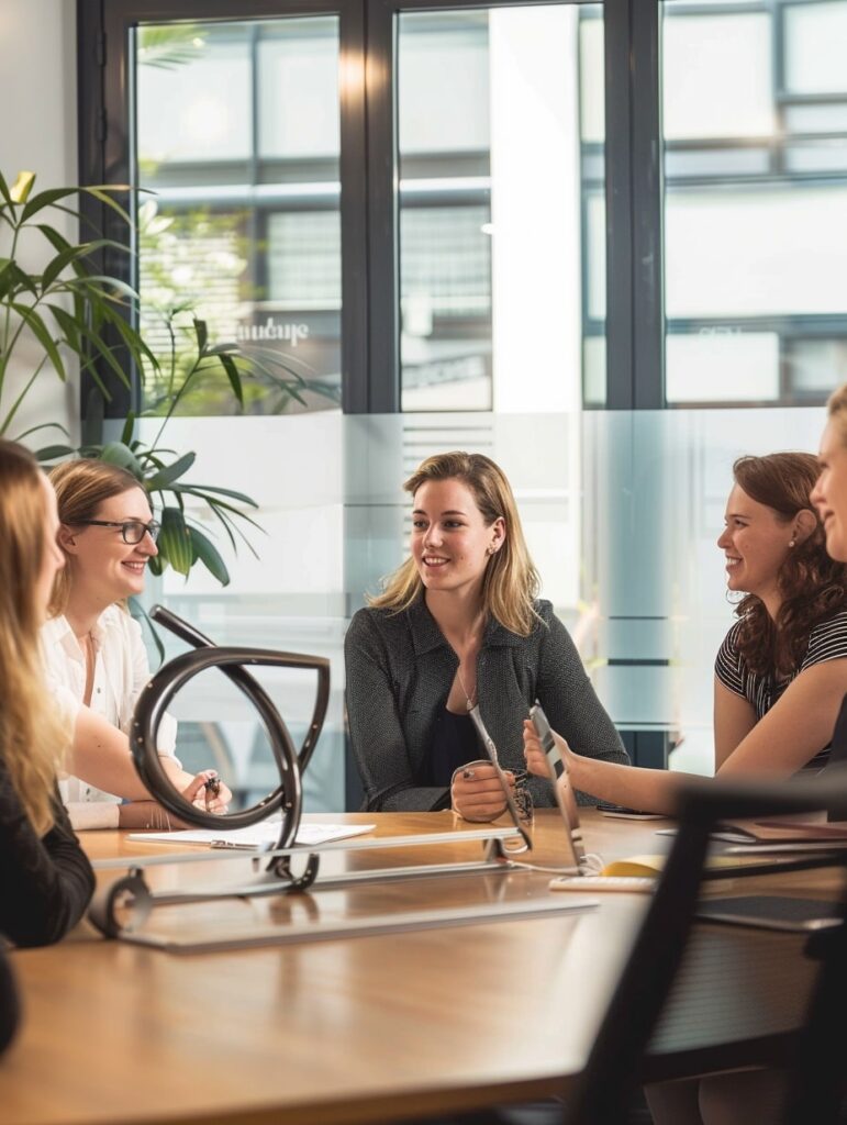 Drei Frauen im Gespräch in einem modernen Büro, Lohnabrechnerin bei der Arbeit